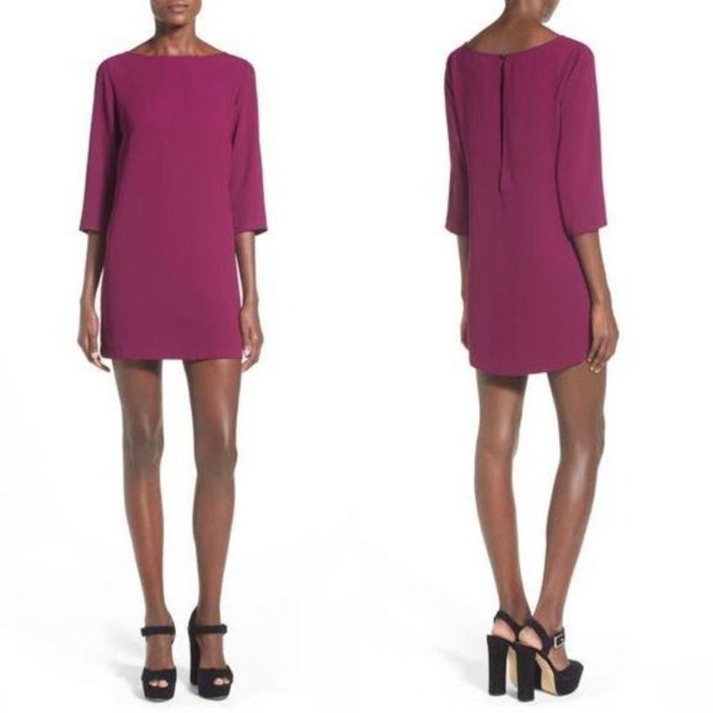 Leith Boatneck Crepe Shift Dress Magenta Pink 3/4 Sleeve Mini XS